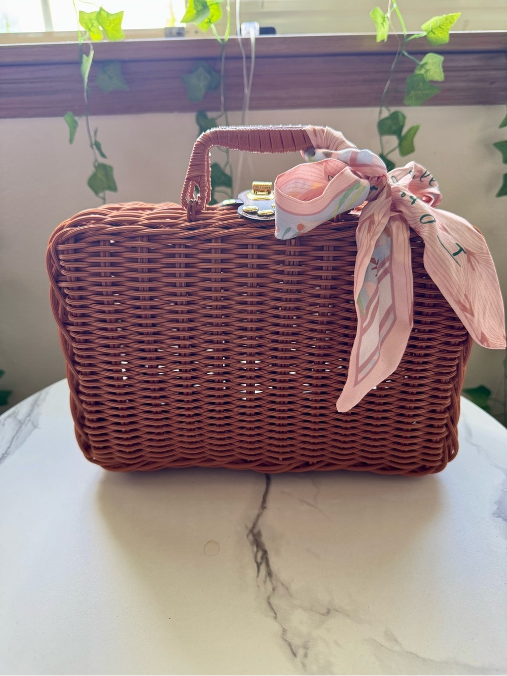 Woven Mini Top-Handle Bag with Pink Scarf Accent
